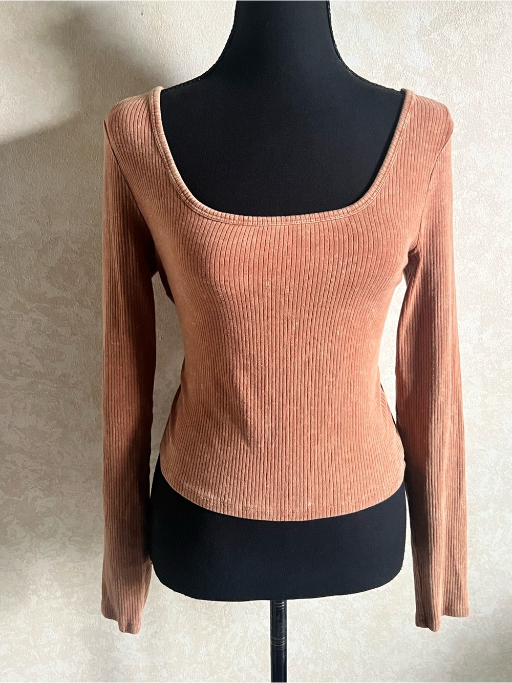 wild fable Ribbed Square Neck Long Sleeve Top - brown & tan